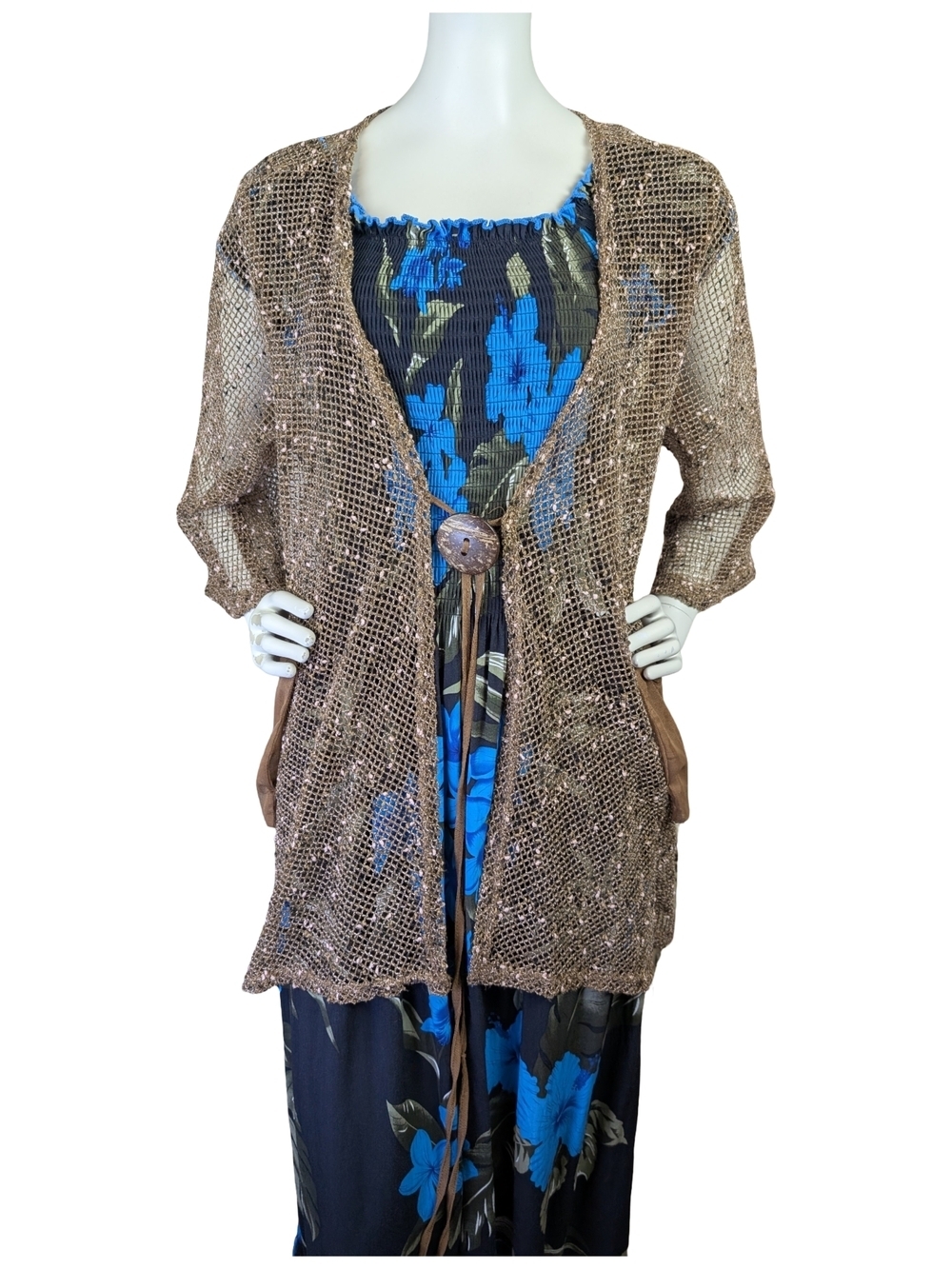 Papa Vancouver Open Knit Tie Front Cardigan Wrap Taupe L XL Boho Layering Piece